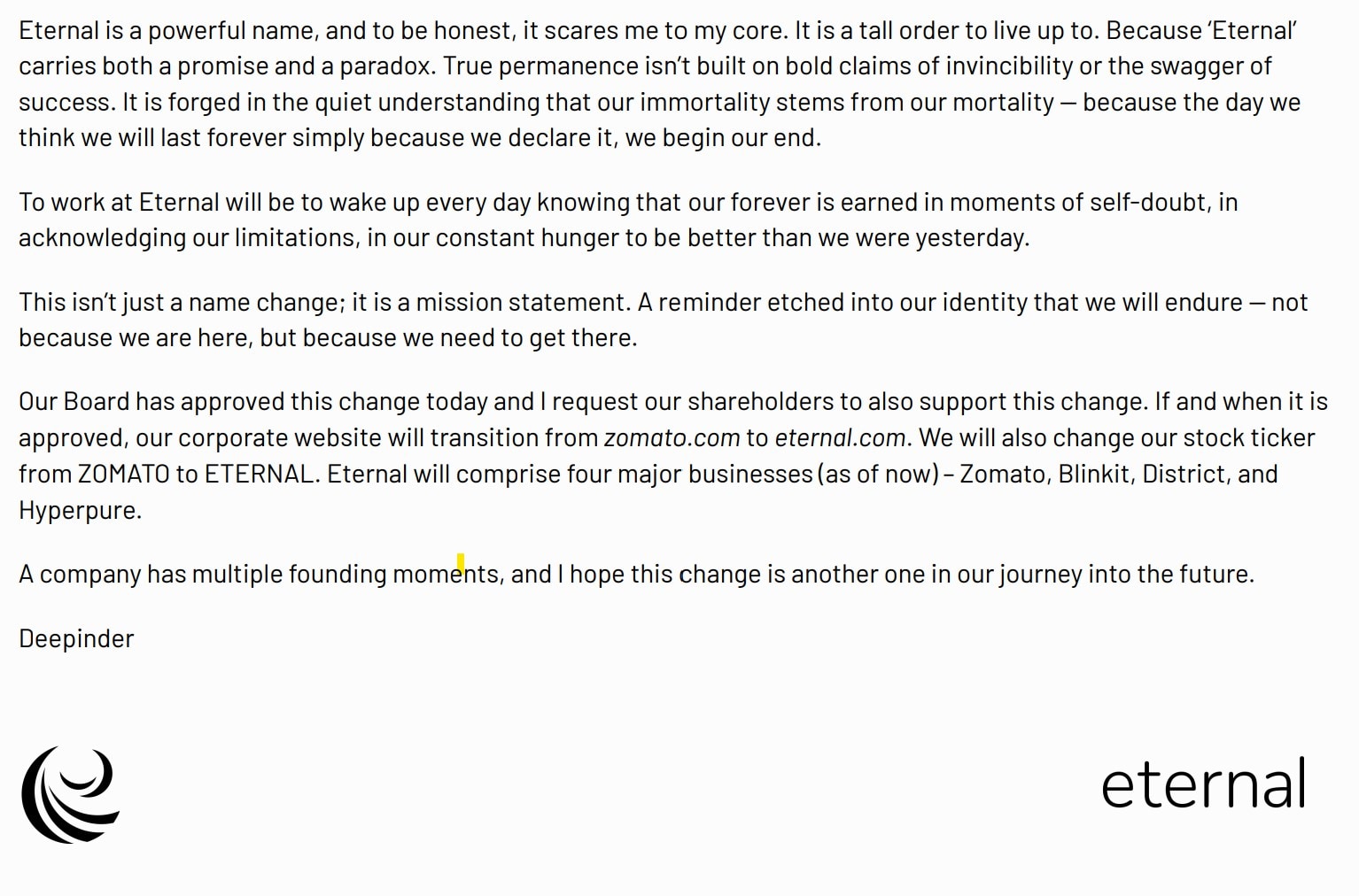 Zomato के संस्थापक दीपिंदर गोयल का पत्र कंपनी के नाम बदलने पर 'eternal' (eternal.com) के लिए Zomato के संस्थापक दीपिंदर गोयल का पत्र कंपनी के नाम बदलने पर 'eternal' (eternal.com) के लिए