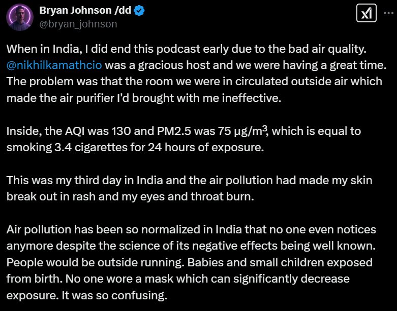 निखिल कामथ के पॉडकास्ट पर ब्रायन जॉनसन की पोस्ट। (X/@bryan_johnson)